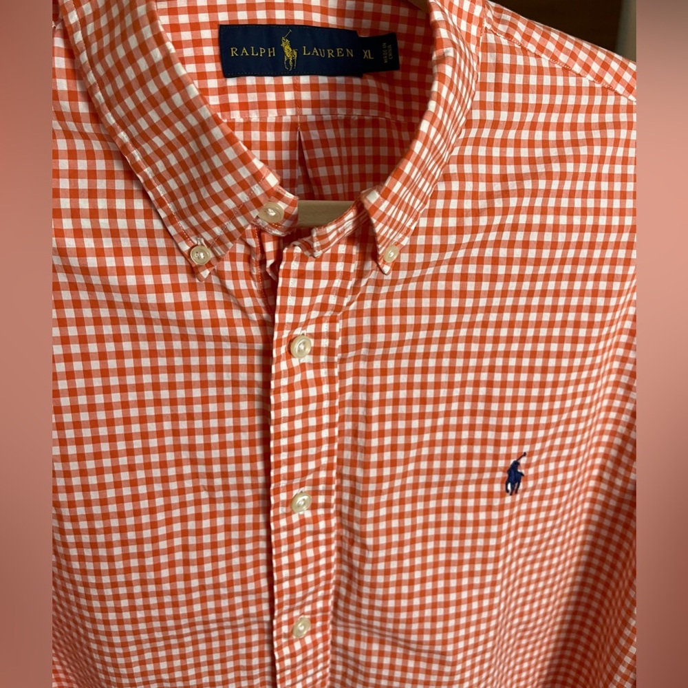 Men’s long sleeve button up, Ralph Lauren shirt, orange and white, XL